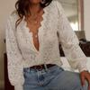 Womens Hollow Out Design Loose Sexy Long Sleeve Solid V Neck Lace Blouse