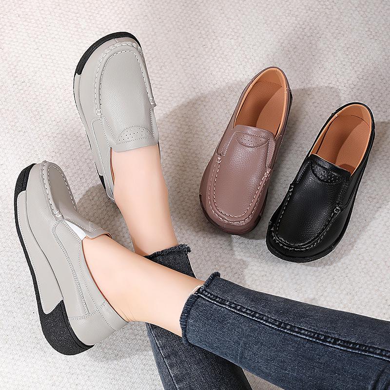 Genuine Leather Thick-Soled Loafers for Women - Soft, Casual Slip-On Shoes for All Seasons, Suitable for Pregnant Women