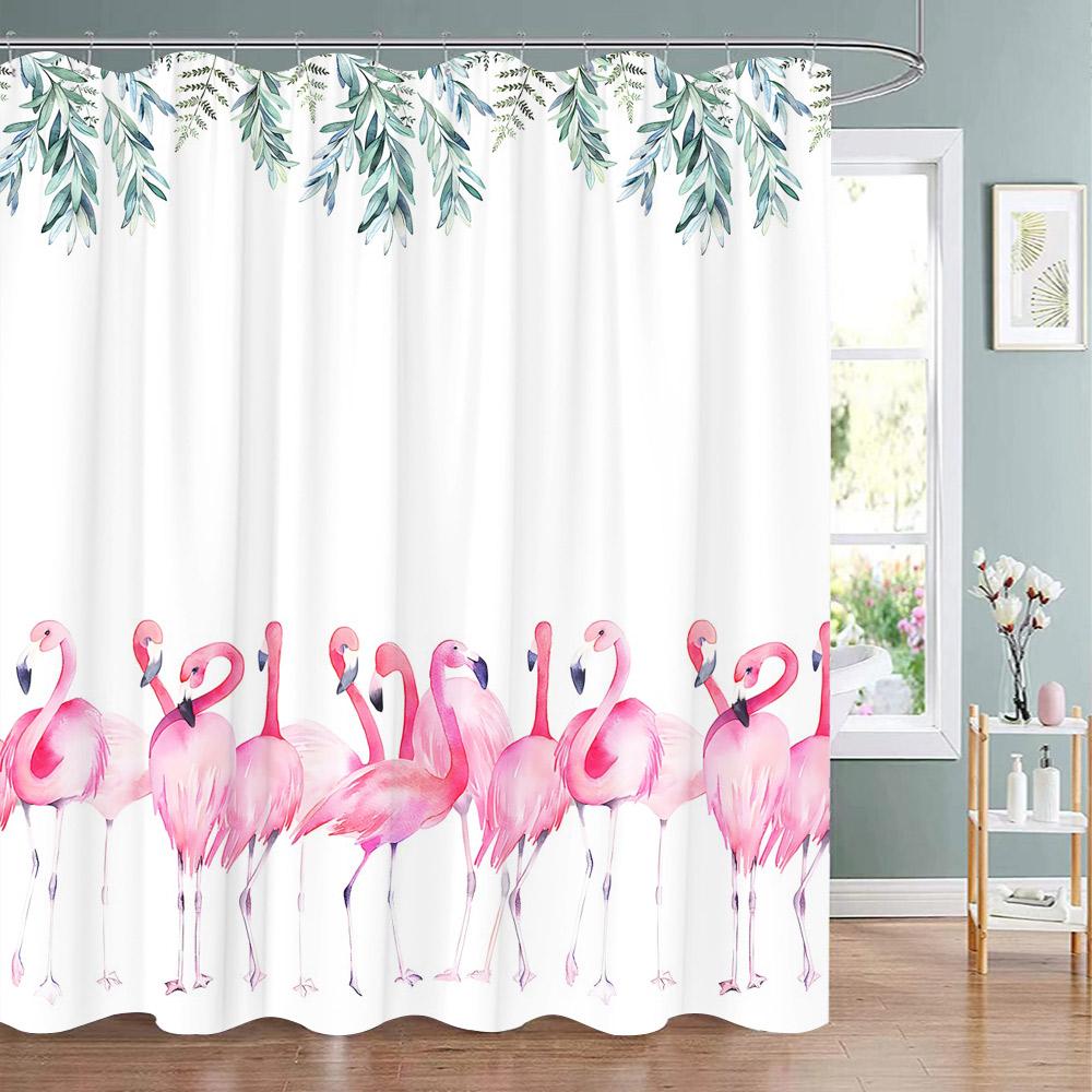 Tropical Plant Parrot Shower Curtain Watercolour Monstera Palm Leaf Birds Pink Floral Green Leaves Bathroom Curtains Home Decor