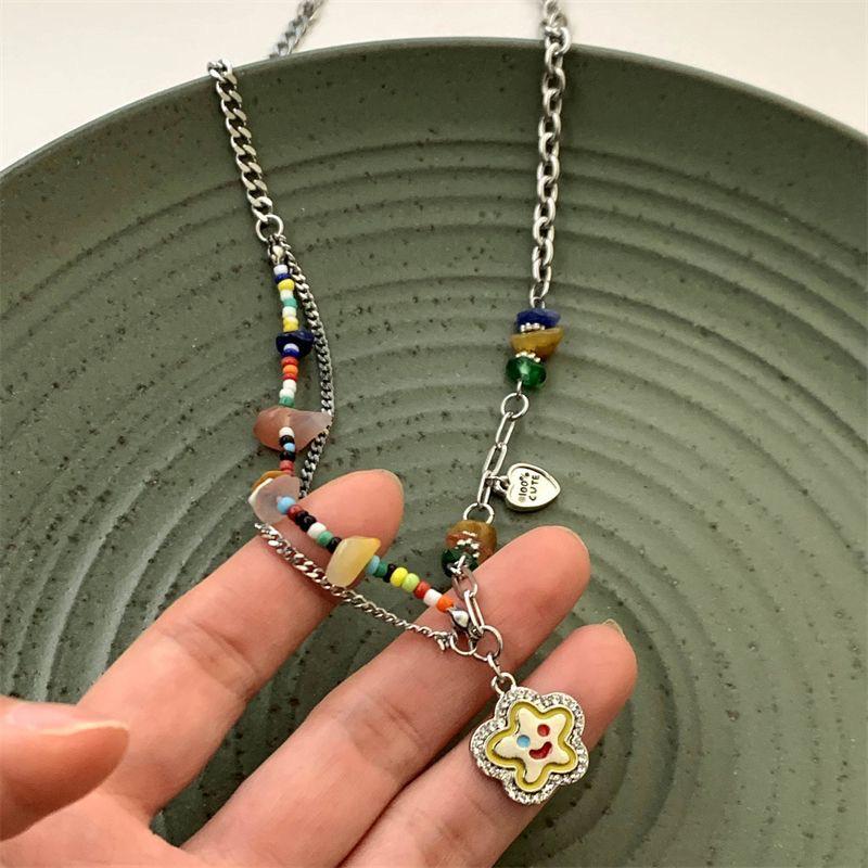 Seven-Color Stone Smiley Face Necklace - Y2K Style Women's Light Luxury Choker