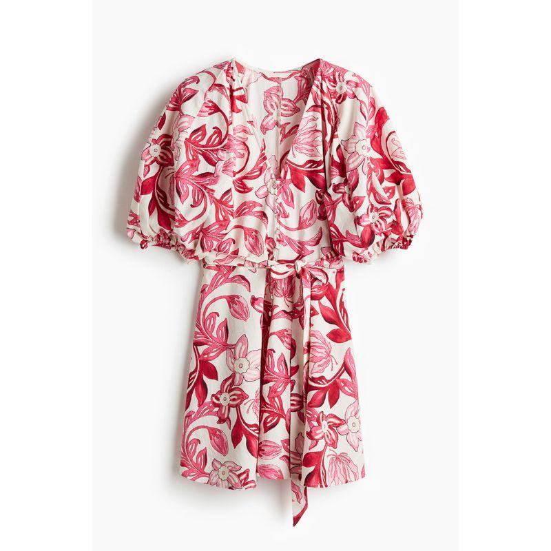 

HM Women s Clothing Florals Dress Autumn Print Lantern Sleeve V Neck Waist Belt Waist A- Line Skirt 1239272 Pink 155/80