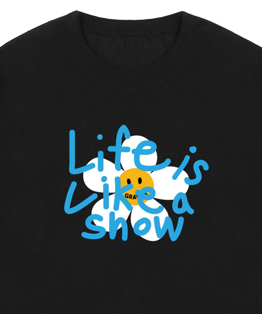 GRAVER [Unisex] Big Drawing Letter Flower Short Sleeve T-Shirt_Black/Blue Logo