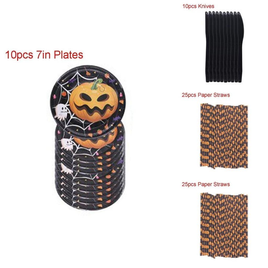 Happy Halloween Party Decoration Supplies Pumpkin Tablecover Straws Paper Plates