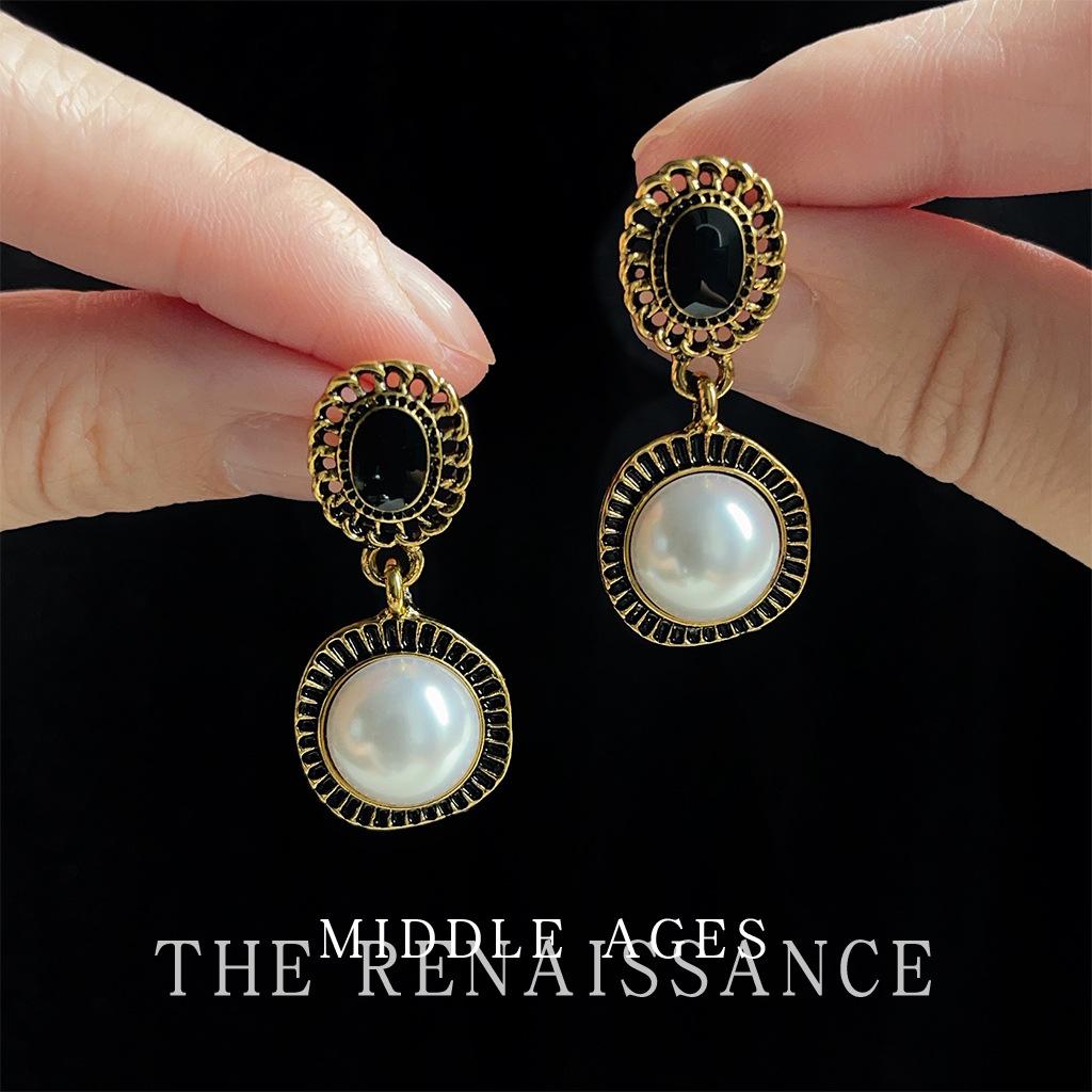 Легкие средневековые черно-золотые с налетом старины~ Французские ретро жемчужные серьги в гонконгском стиле, элегантные серьги