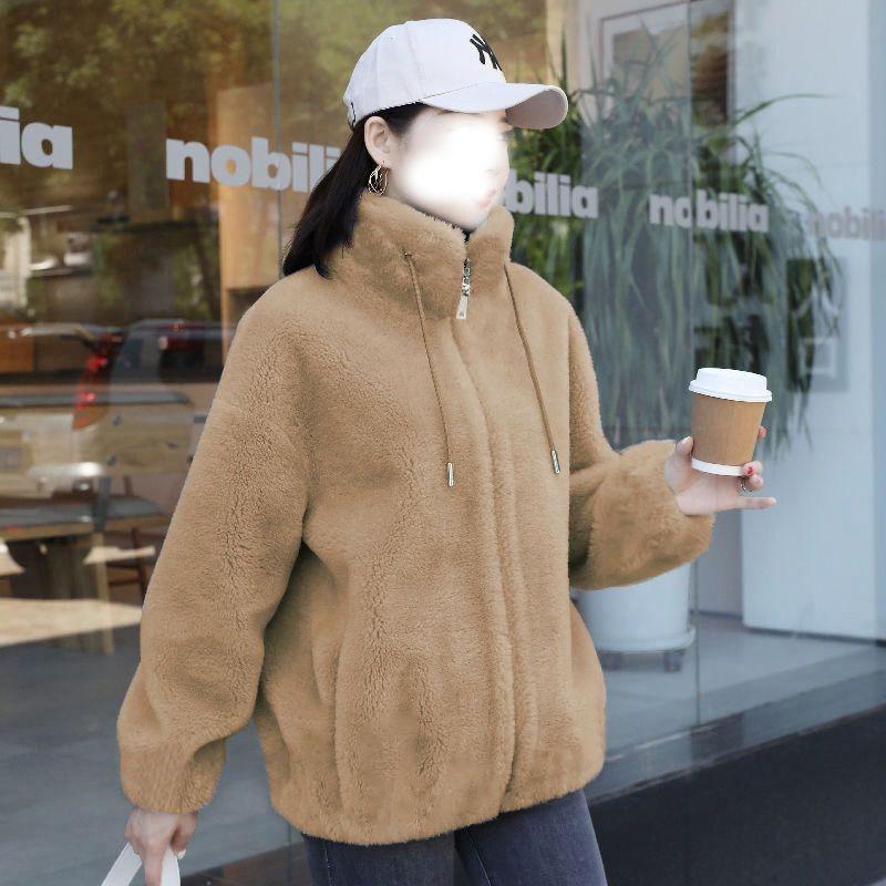 Autumn and winter large size fleece thickened short jacket double-sided fleece stand-up collar fleece solid color sweater women's tide