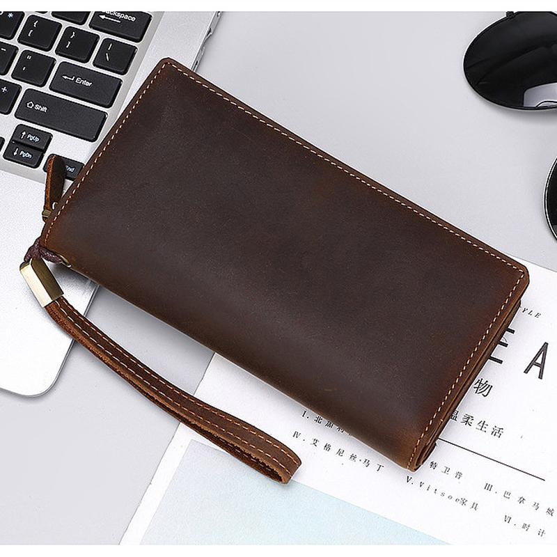 Men's Vintage Designer Long Clutch Wallet 100% Genuine Cowhide Leather Card Holder Classic Retro Genuine Leather Purse with Multi Card Slots