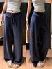 Dunkelblaue Damen-Sweatpants mit weitem Bein: Locker, High-Waist, Schlankmachendes Design für Frühling & Herbst 2026.