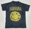 T-shirt Graphique Smiley Iconique Nirvana Femme Taille Moyenne Noir Lavage Acide Musique