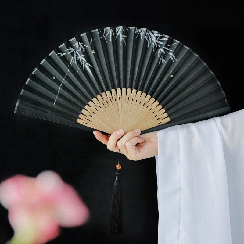 Moganshan Vintage New Chinese-Style Bamboo Leaf Fan, Summer Firefly Ancient Style Cotton Fan, Portable Folding Fan To Match Hanfu
