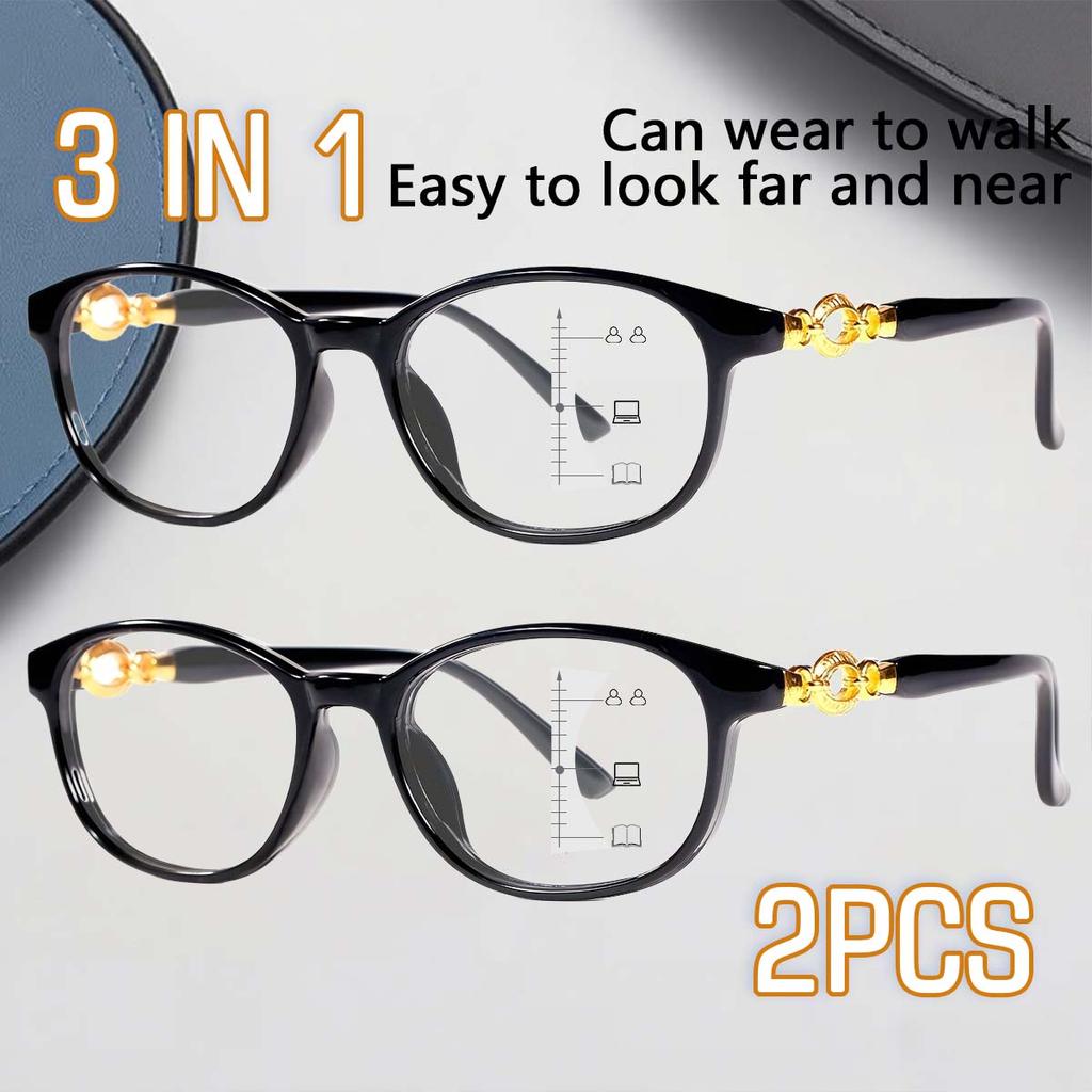 2pcs 3-in-1 Progressive Reading Glasses for Women Computer & Reading Use Glasses with Prescription Strengths +1.0 to +3.0