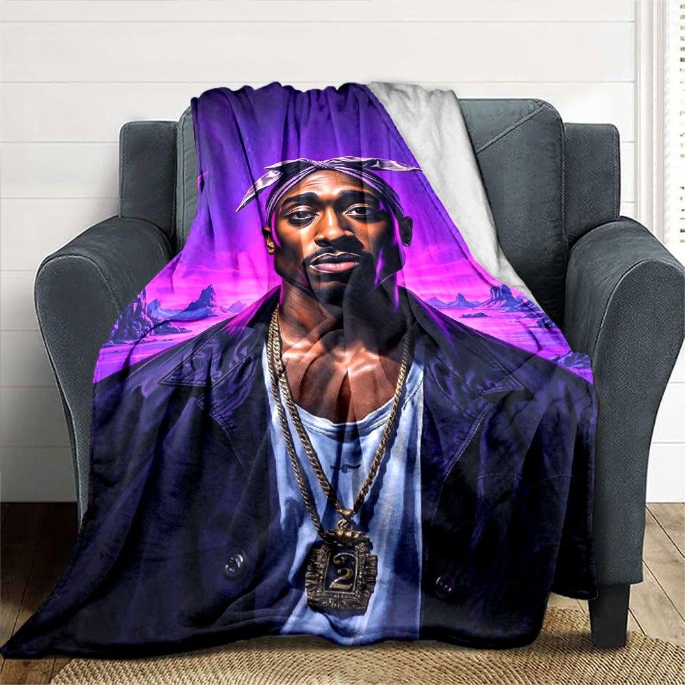 1pc 2PacHip Hop Blanket Soft Lightweight All Season Multi Purpose Throw for Sofa, Bed, Office & Picnics, French Style with Iconic Album Art & Quotes