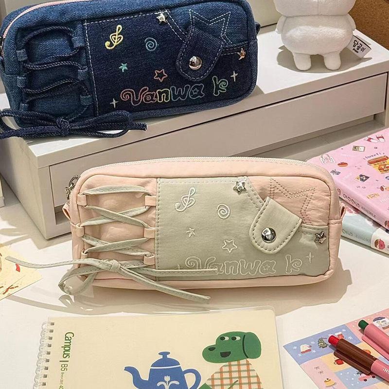 Trousse à Crayons Mignonne Étoile Note de Musique Grande Capacité Pochette en Toile de Niche Étudiantes Collège Kawaii Sacs de Rangement pour Papeterie