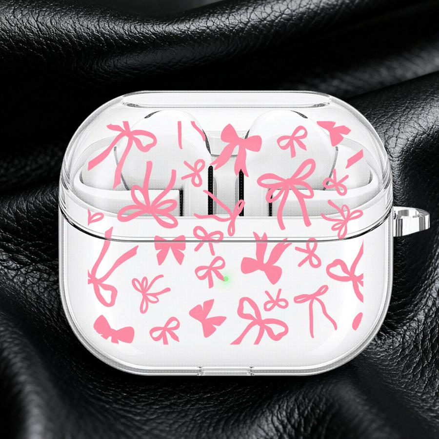 Pink Bow Pattern Clear Earphone Cases Cover With Hook Case For Samsung Galaxy Buds Live 4Pro 2Pro 3 FE 2 3Pro 4 Pro
