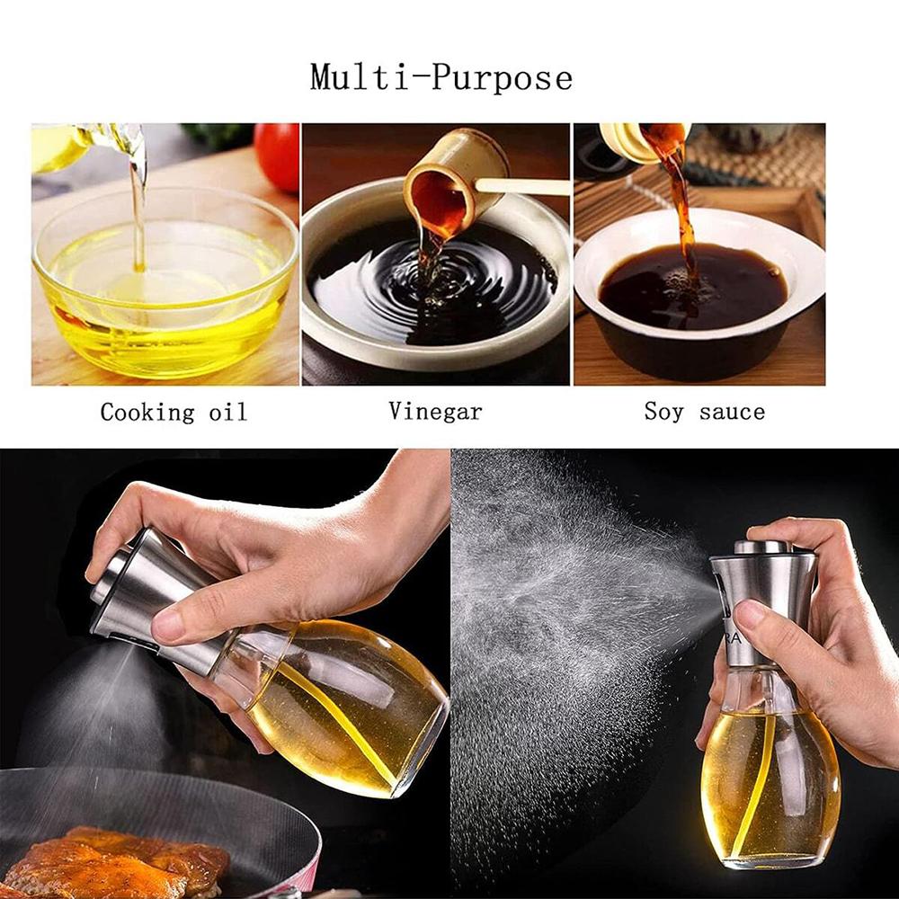 200ML Stainless Steel Spray Bottle Transparent Glass Press Type Oil Bottle Food Grade Portable Barbecue Air Frying Pan Baking