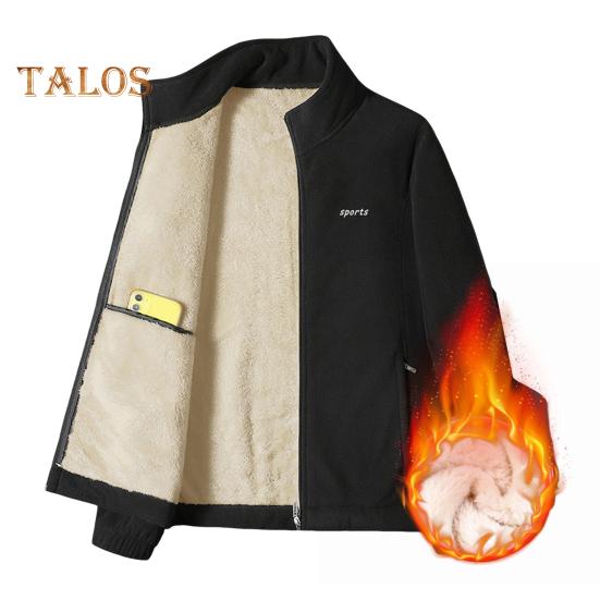 Men Jacket Stand Collar Long Sleeve Thickened Velvet Lined Warm Winter Coat with Pockets Zipper Placket Cotton Jacket