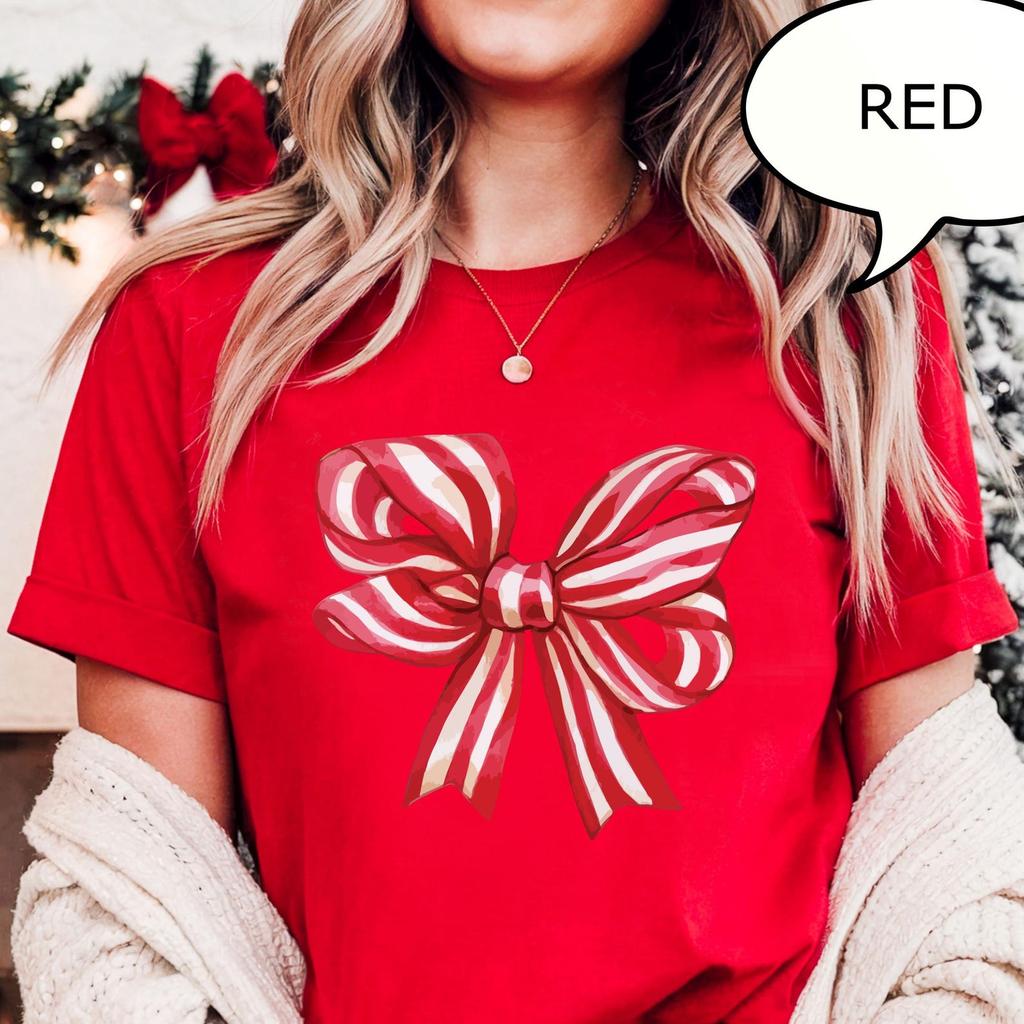 Comfort Colors® Christmas Red Bow Shirt, Xmas Coquette Bow Tee, Red Bow T-Shirt, Christmas Shirt, Xmas Gift For Woman