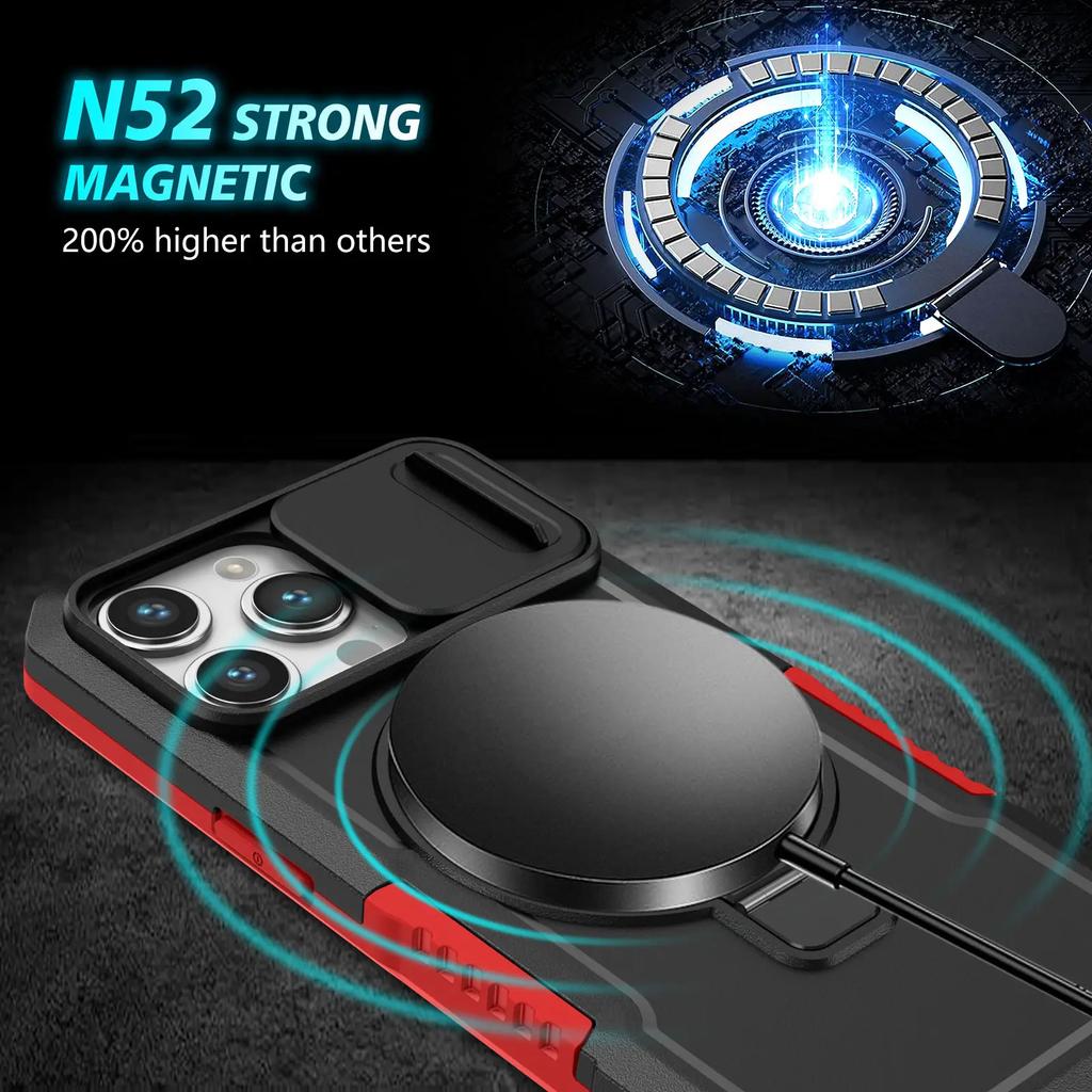 Coque avec béquille pour iPhone 15 14 Pro Max Plus Glissière pour appareil photo avec support invisible Protection contre les chutes de qualité militaire Coque magnétique robuste