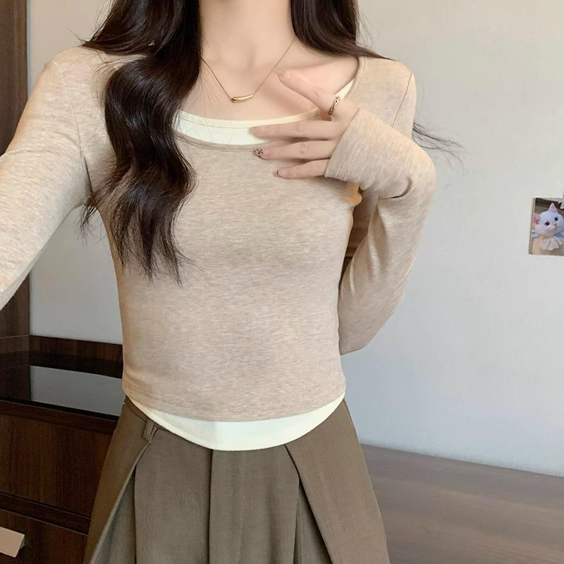 

Футболка с длинными рукавами розового цвета Pure Lust, женская футболка контрастных цветов на осень и зиму, U-образный вырез, неровный внутренний верх XL