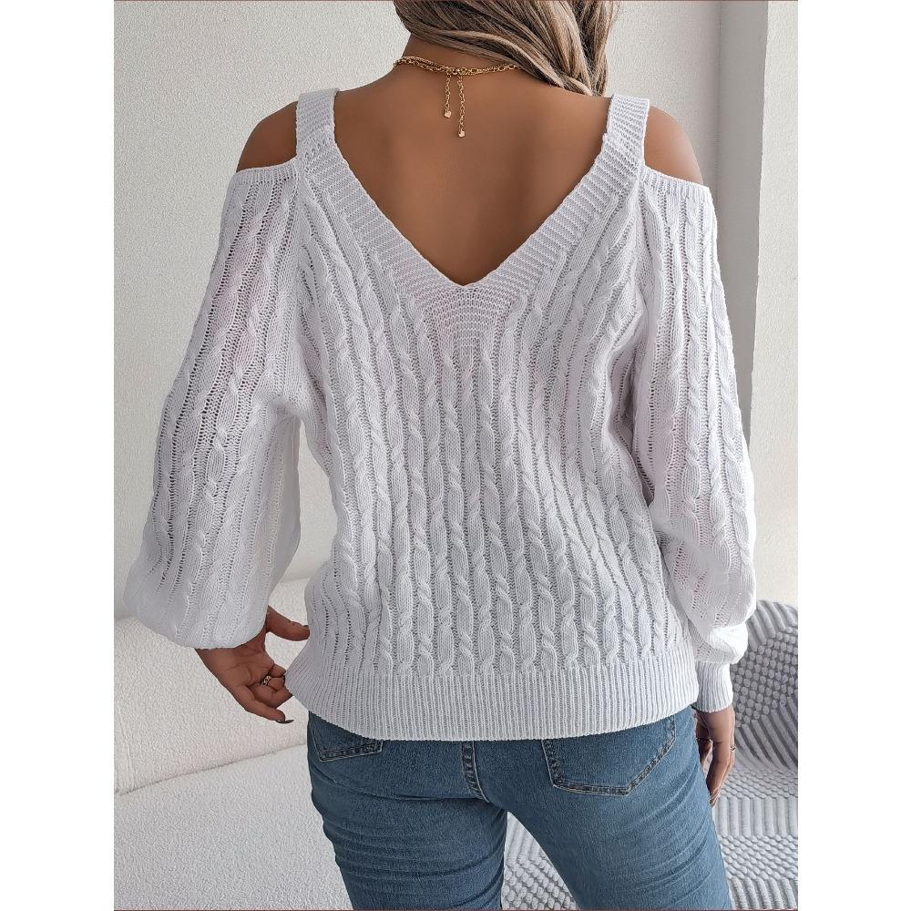 Women's Sweatshirt - Versatile Casual Solid Colour Cable-Knit Off-the-Shoulder Bell-Sleeve Knitwear