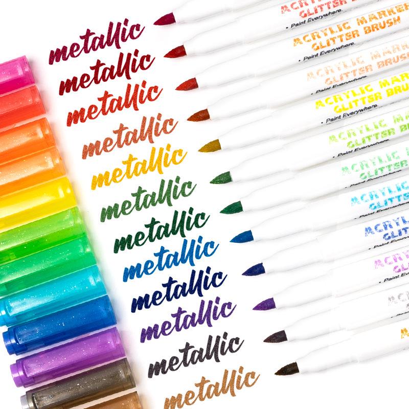 Colored Glitter Marker Pens, 12 Colors - Soft Tip for DIY Graffiti, Journals, and Photo Coloring