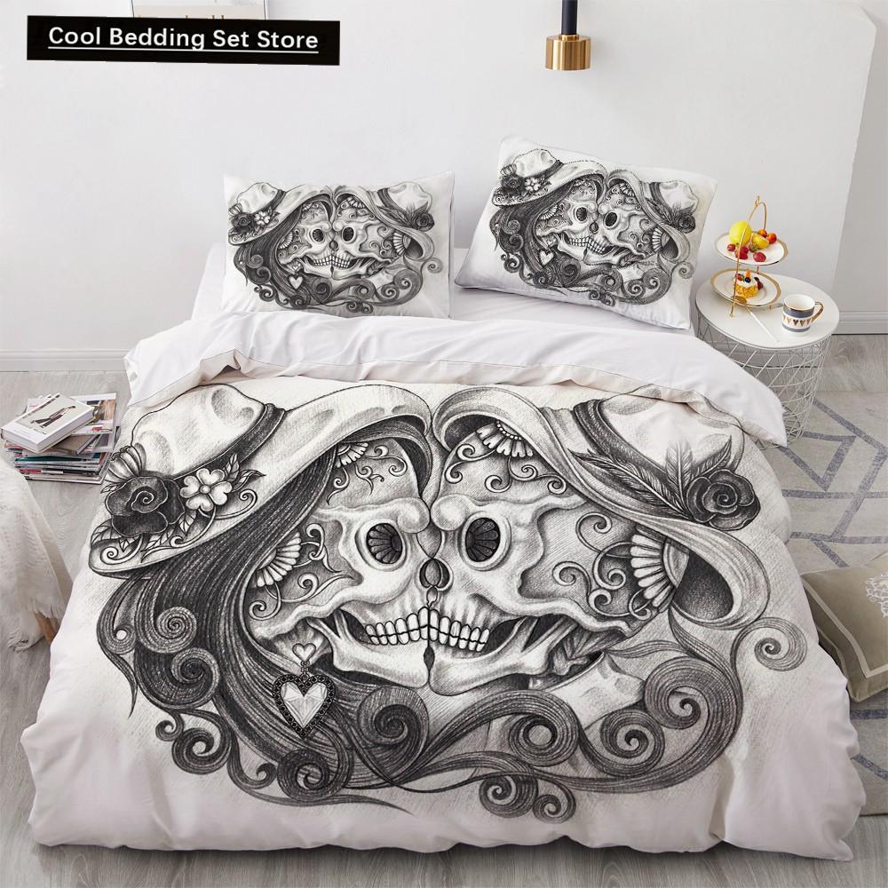 Skull Couple King Queen Duvet Cover Skeleton Bride Bedding Set for Kids Teens Adults Halloween White 2/3pcs Soft Quilt Cover