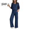Women Gym Clothing Sweatshirt Pants 2-Piece Set, V-Neck Long Sleeve Top & Wide Lounge Sets Leg Trousers with Elastic Waist, Solid Color Matching