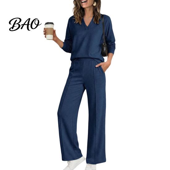 Women Gym Clothing Sweatshirt Pants 2-Piece Set, V-Neck Long Sleeve Top & Wide Lounge Sets Leg Trousers with Elastic Waist, Solid Color Matching