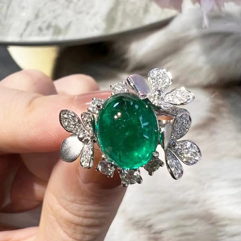 

Luxury Oval Green Zircon Ring Vintage Emerald Inlaid Sterling Silver Flower Rings for Women Temperament Wedding resizable срібний
