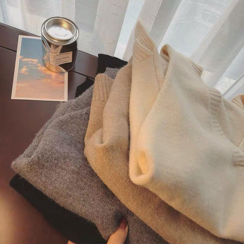 V-neck Sweater Vest Women Fall Winter Korean Solid Knitted Vests Casual Preppy Style Loose Trendy Sleeveless Sweater Vest
