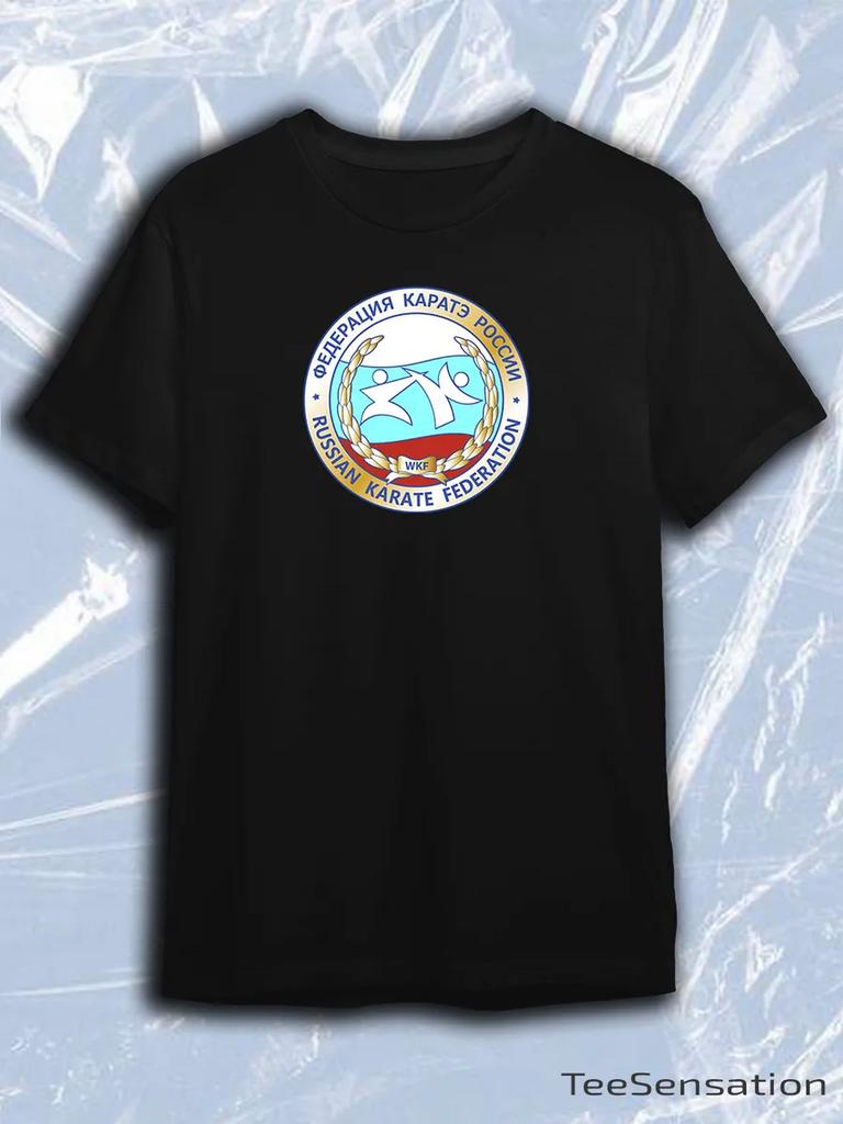 TeeSensation Black Crew Neck Short Sleeve T-Shirt with Colorful Russian Karate Federation Circular Logo