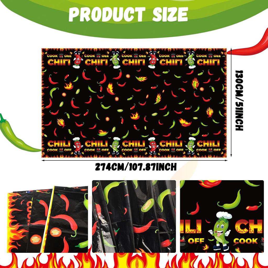 10 Pcs Chili Cook Off Decorations Set Chili Cook Off Banner Chili Pepper Disposable Tablecloth Plastic Table Cover Balloons Fire Balloons Chili