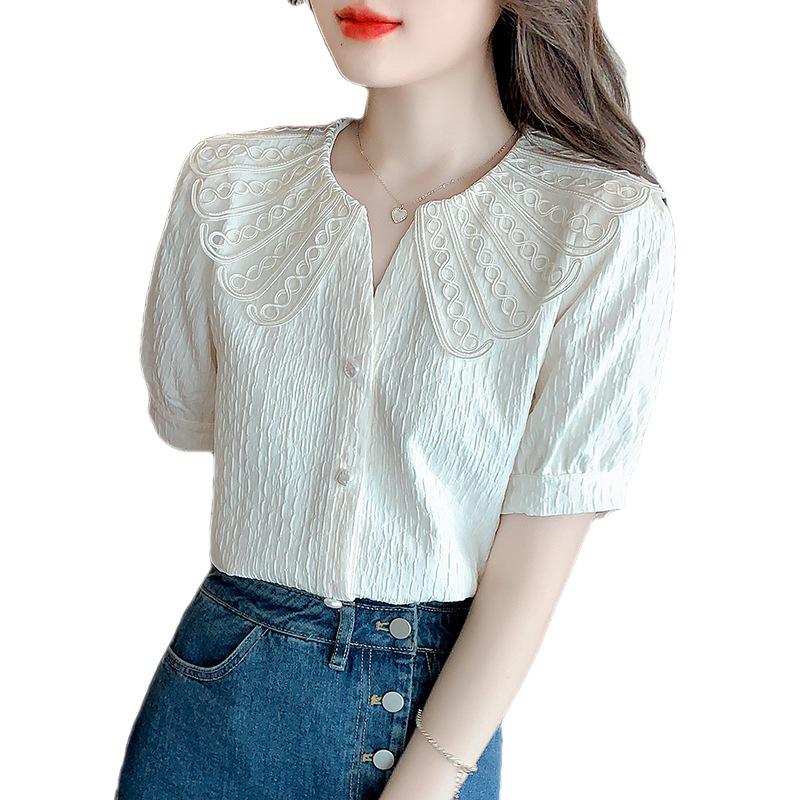 Women's 2025 Summer French Retro Floral Doll Collar Chiffon Blouse