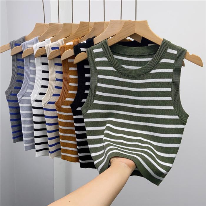 Harajuku Elasticity Women Yoga Sleeveless Crop Tops Allmatch Camisole Y2k Kintted Sports Tops Oneck Casual Thin Stripe Slim Tank Tops Summer