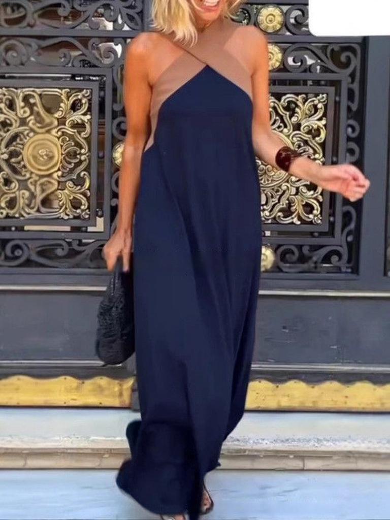 INS Home Casual Loose Shoulder Patchwork Sleeveless Women's Fashion Summer Dress