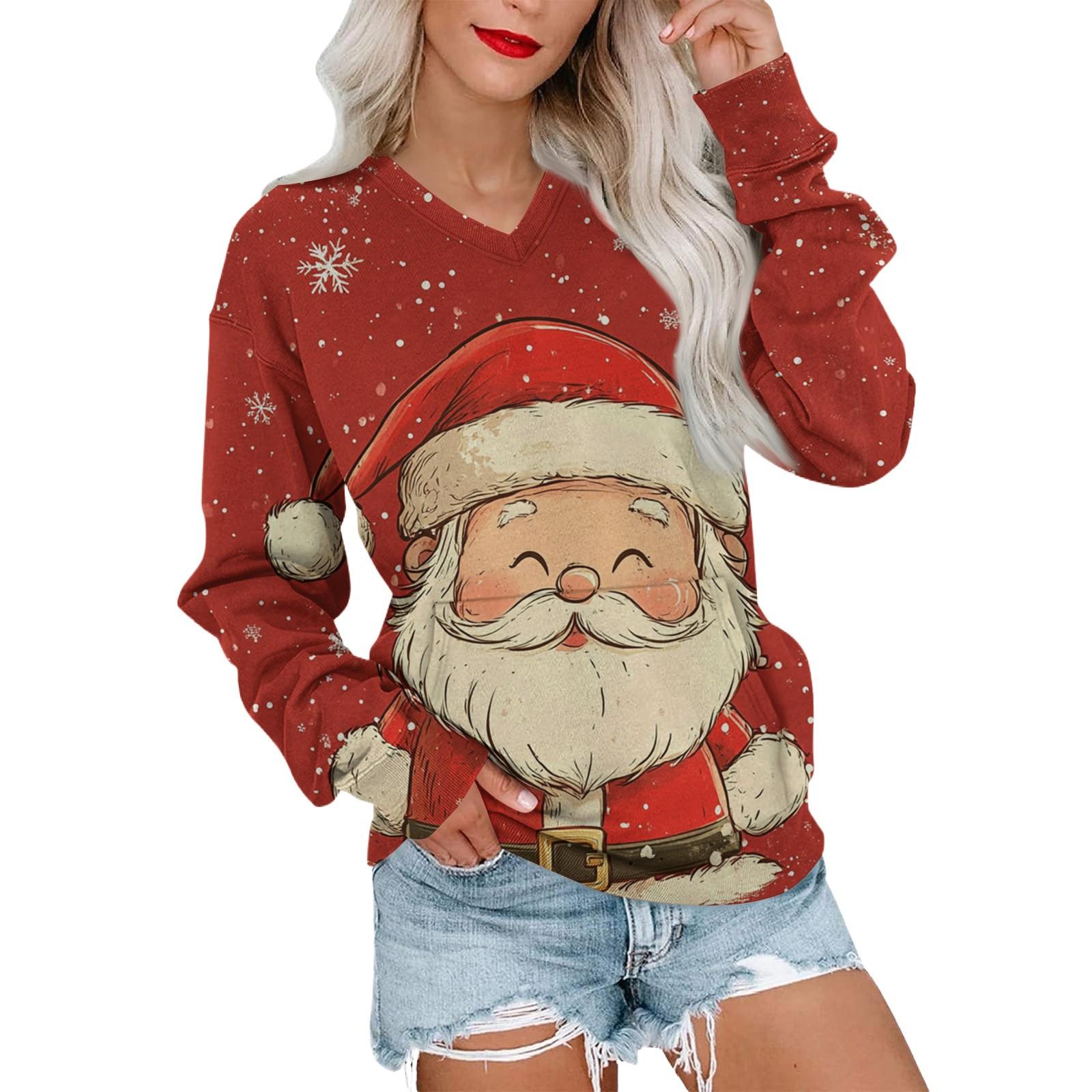 

Женская рождественская толстовка с V-образным вырезом, длинный рукав, повседневный легкий пуловер L красный