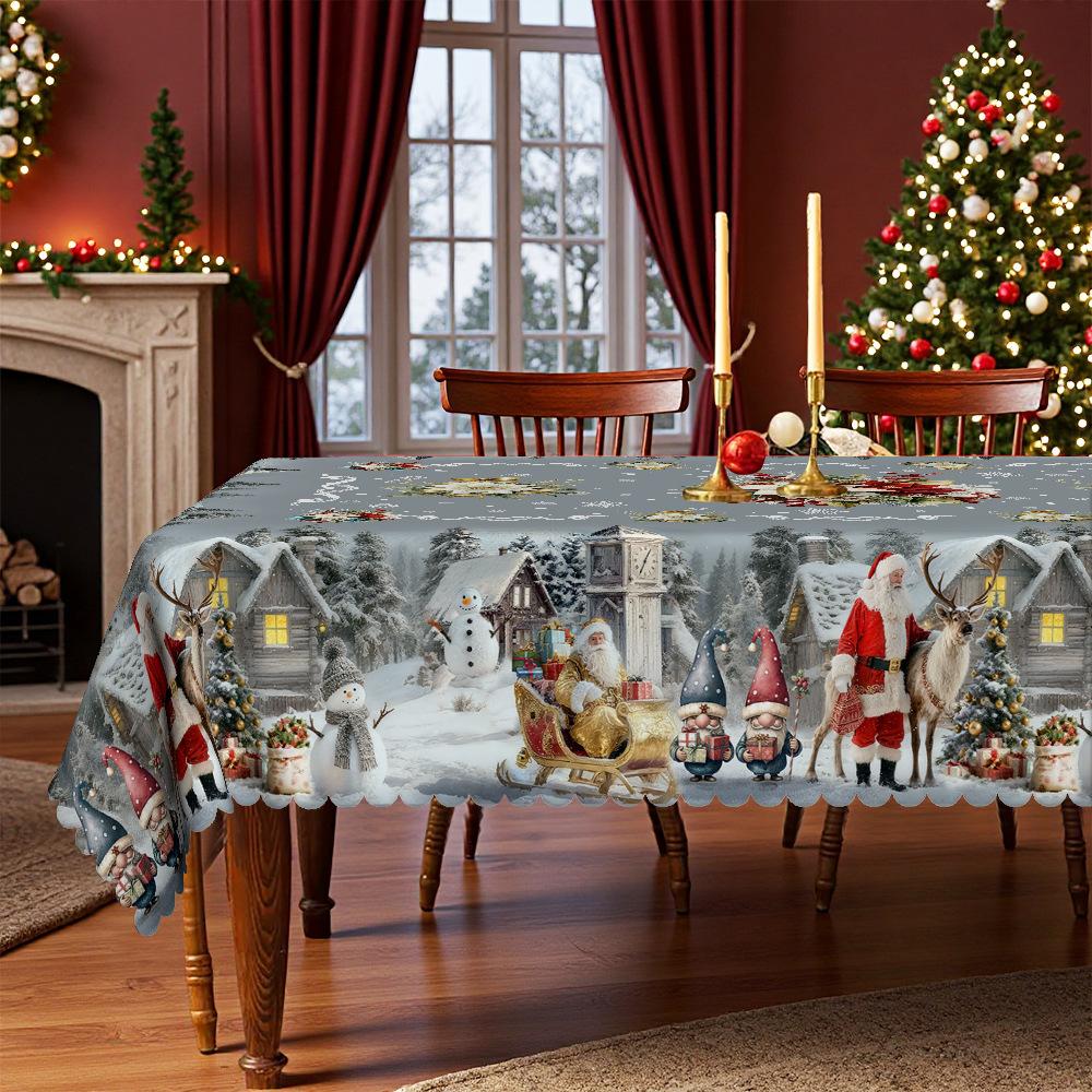 Christmas Round And Square Table Cloth, Gray-Blue Santa Reindeer Snow Castle, Table Decorative Cloth