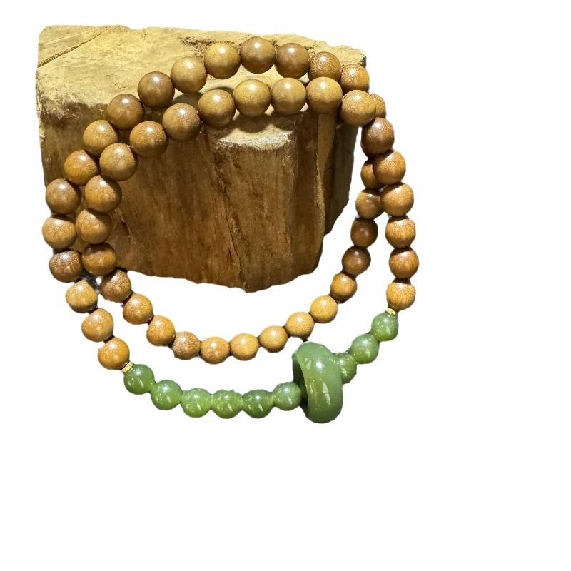 Sandalwood & Hetian Jade Double Circle Bracelet with 925 Silver for Men & Women