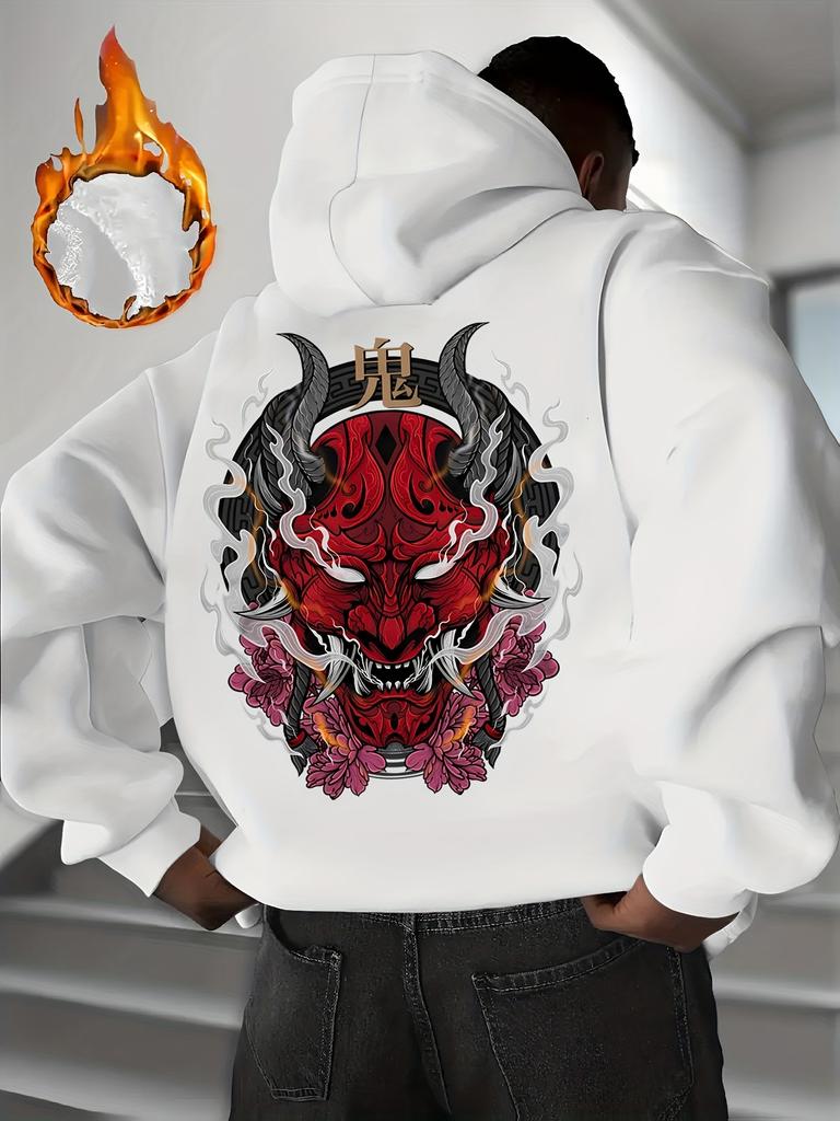 Japanese-style demonic print men's fall-winter hooded sweatshirt - Punk dark gothic Y2K style street hip-hop sports hooded shirt