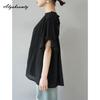 Korean Style Spring Summer Women Casual Loose Blouse Ruffled Collar White Black Pleated Blouse Batwing Sleeve Elegant Office Lady Blouse