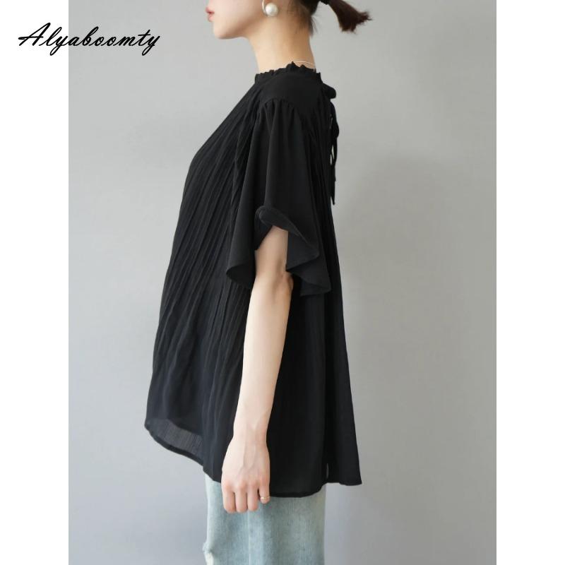 Korean Style Spring Summer Women Casual Loose Blouse Ruffled Collar White Black Pleated Blouse Batwing Sleeve Elegant Office Lady Blouse