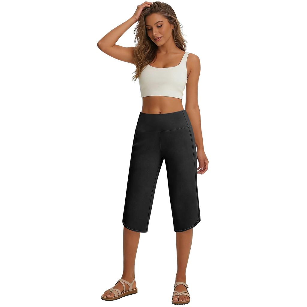 Women’s High Waist Wide Leg Capri Pants with Pockets Loose Fit Stretch Fabric for Sports and Casual Wear