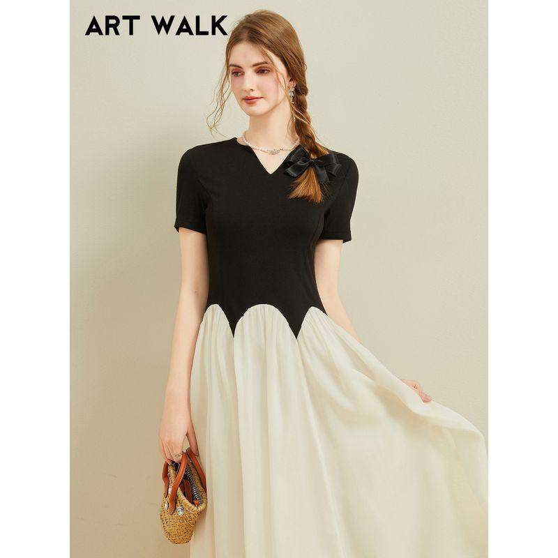 

Art Walk Black Dress Patchwork over the Knee Long Elegant Long dress Waist Hugging French style Romantic Fairy Long dress Black S