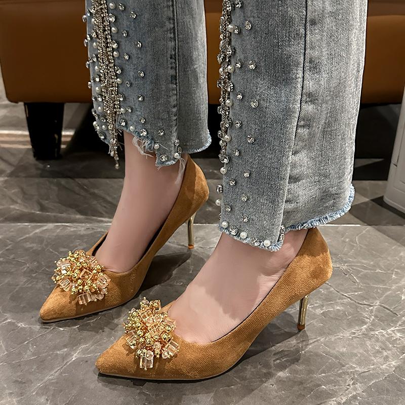 Fashion Women's Fashion Slim Heel Shoes Spring New Pointed Head Shallow Mouth Suede Crystal Anti-slip Wear-resistant High Heels
