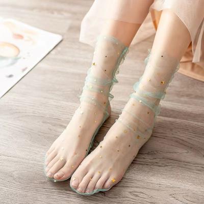 1 par Meias de Renda Sexy com Estrelas e Bolinhas Femininas Meias Transparentes de Malha para Tornozelo Meias de Tule Ultra-Finas Estilo Princesa Feminino Streetwear Meias