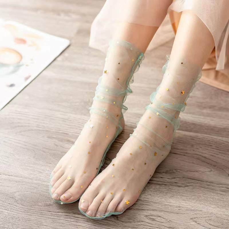1pair Sexy Star Dot Lace Socks Women Transparent Mesh Ankle Socks Ladies Ultra-Thin Princess Tulle Socks Female Streetwear Meias