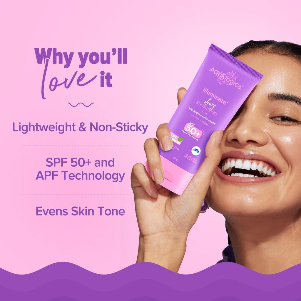 Aqualogica Illuminate+ Feuchtigkeitsspendendes Sonnenschutzmittel LSF 50+ PA++++ 80 g Packung 1 für strahlenden, ebenmäßigen Hauttonschutz