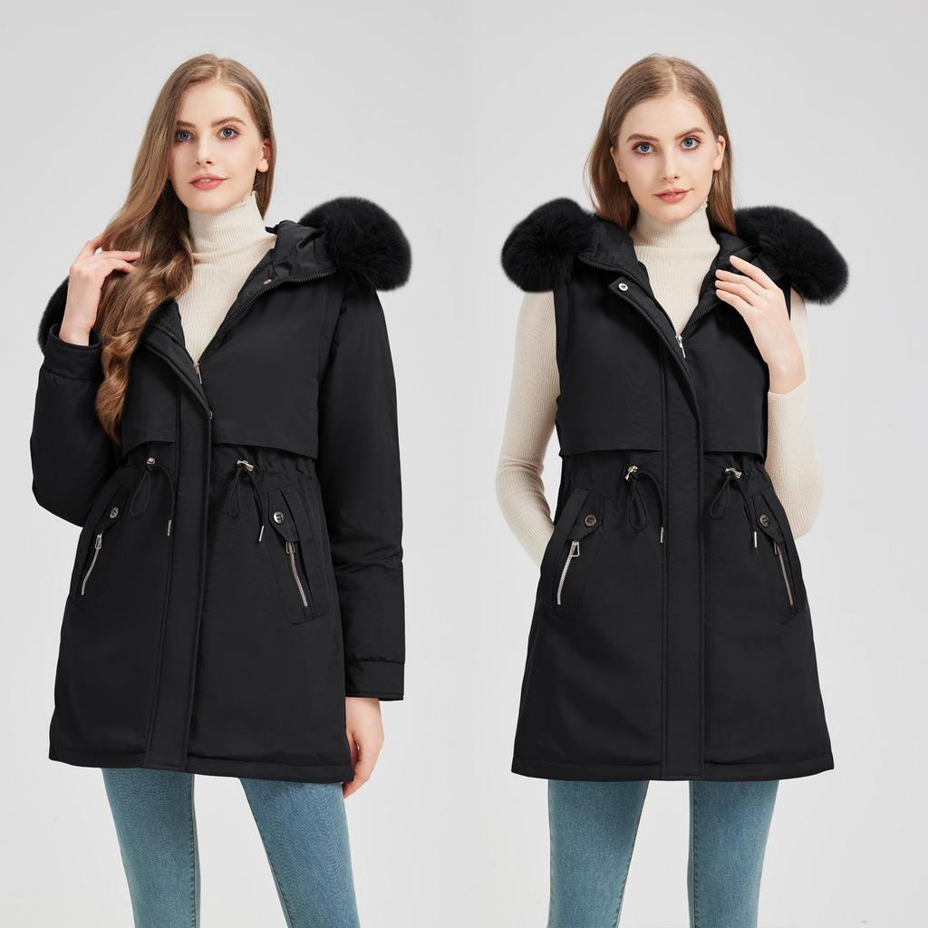 Dames Parka Winterjas met Capuchon, Winddicht, Dikker, Warm, Katoen Gevoerd, Afneembare Mouwen