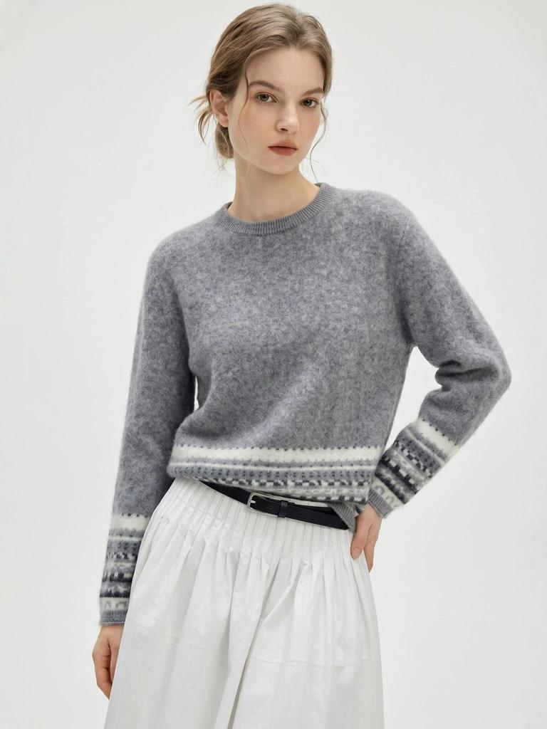 Women's Ethnic Style Color Block Jacquard Wool Sweater - Retro Flannel, Round Neck, Loose Fit, Autumn/Winter Warmth.