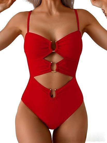 European and American swimsuit women's sexy splicing metal buckle hollow one-piece swimsuit hot spring vacation swimsuit women