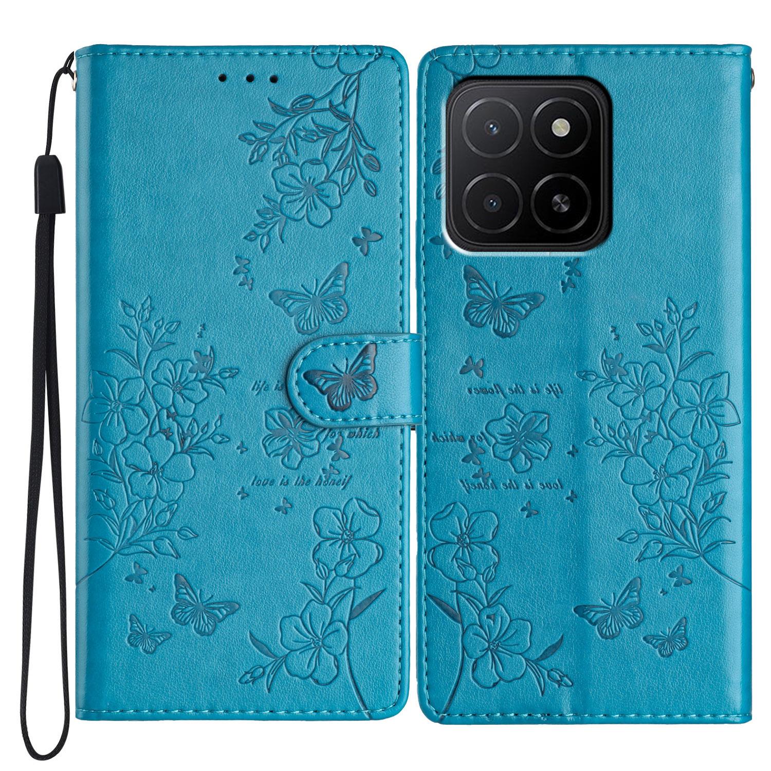

For Honor X6c 4G Wallet Phone Case Butterfly Floral Imprint Leather Flip Cover with Strap Blue